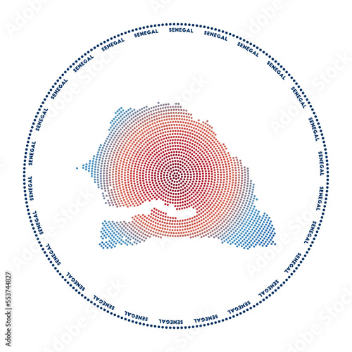 Senegal round logo. Digital style shape of Senegal in dotted circle with country name. Tech icon of the country with gradiented dots. Classy vector illustration.