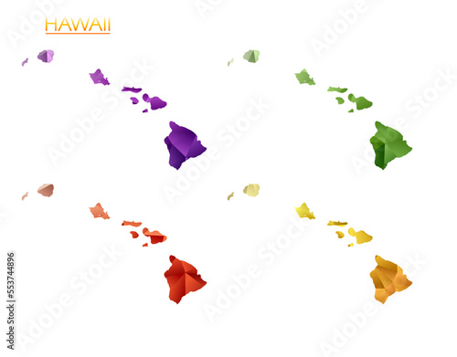 Set of vector polygonal maps of Hawaii. Bright gradient map of island in low poly style. Multicolored Hawaii map in geometric style for your infographics. Classy vector illustration.