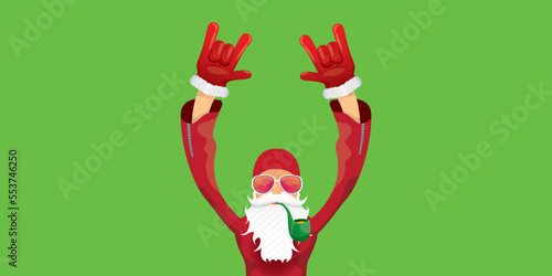 vector modern rock n roll santa claus with smoking pipe, santa beard and funky hat isolated on green christmas horizontal banner background with snowflakes. Horizontal Christmas hipster party poster