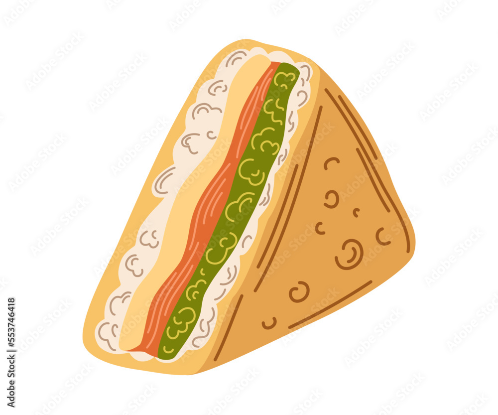 Sandwich with omelet fish and vegetables. Asian Food. Perfect for restaurant cafe and print menus. Vector hand draw cartoon illustration. Sandwich with omelet fish and vegetables. Asian Food. Perfect for restaurant cafe and print menus. Vector hand draw cartoon illustration.