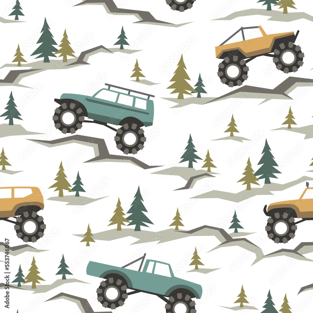 SUV off road cars seamless pattern with pines and stones. Endless fun cartoon texture for children fabric and fashion print. Vector background.