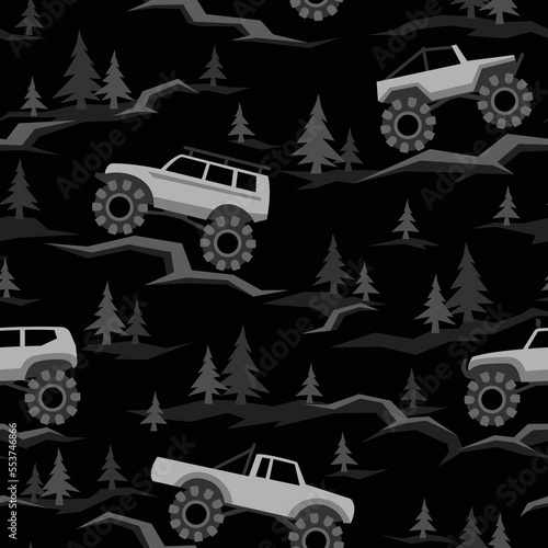 SUV off road cars seamless pattern with pines and stones. Endless fun cartoon texture for children fabric and fashion print. Vector background.