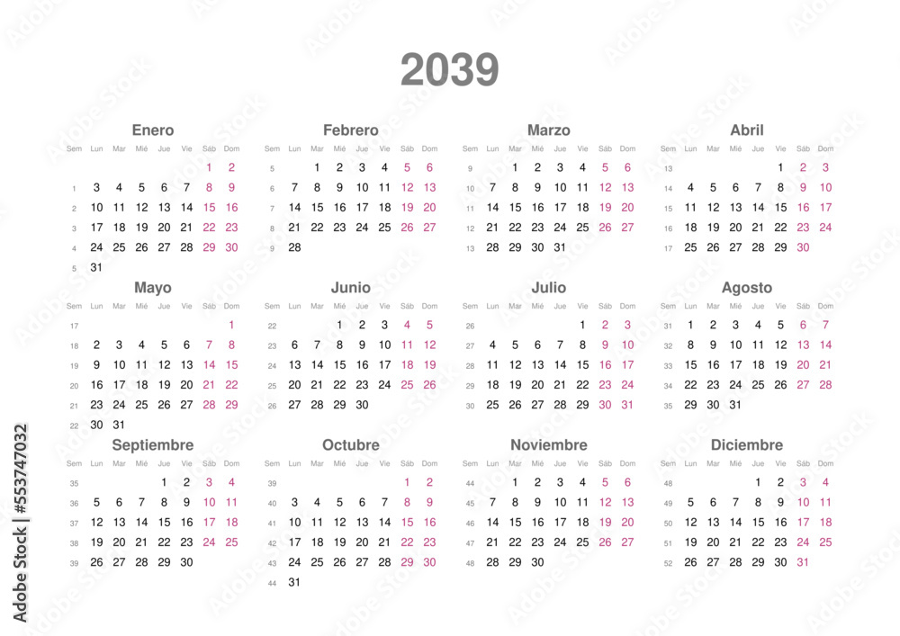 Kalender 2039, spanisch, Querformat