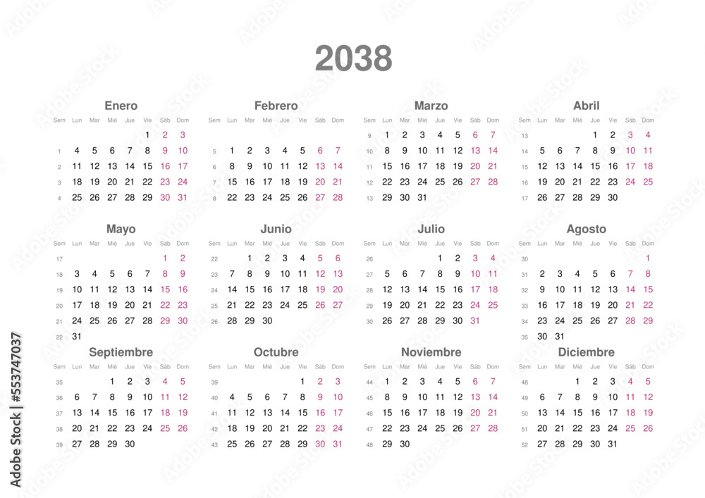 Kalender 2038, spanisch, Querformat Kalender 2038, spanisch, Querformat