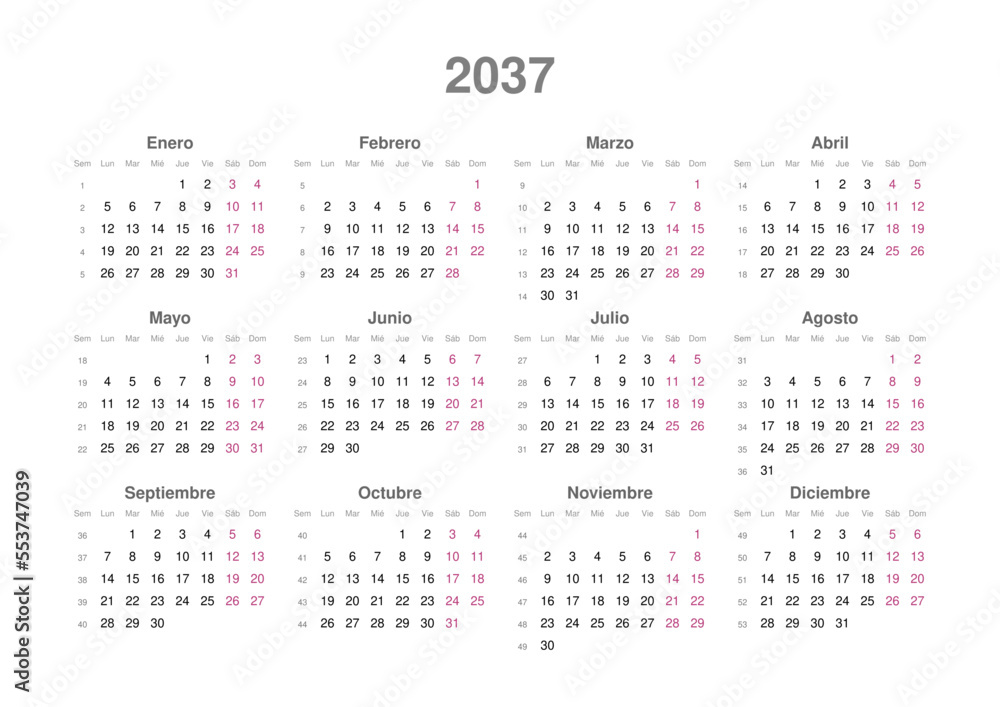 Kalender 2037, spanisch, Querformat Kalender 2037, spanisch, Querformat