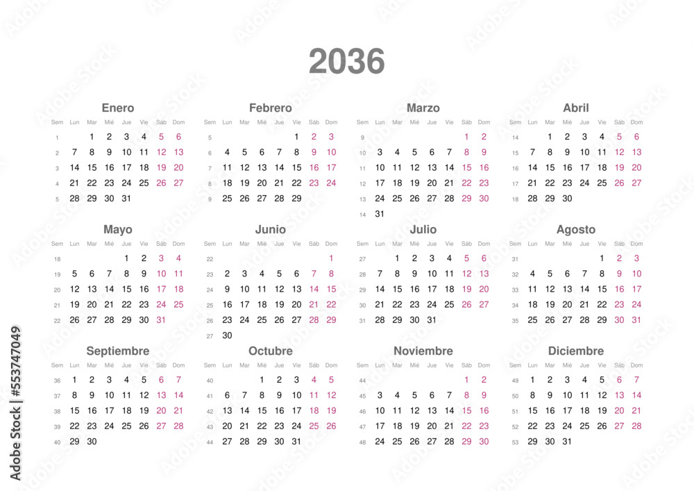 Kalender 2036, spanisch, Querformat
