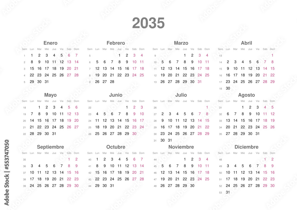 Kalender 2035, spanisch, Querformat