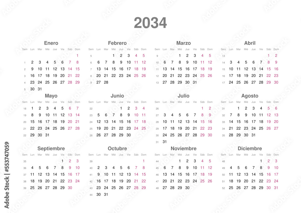 Kalender 2034, spanisch, Querformat