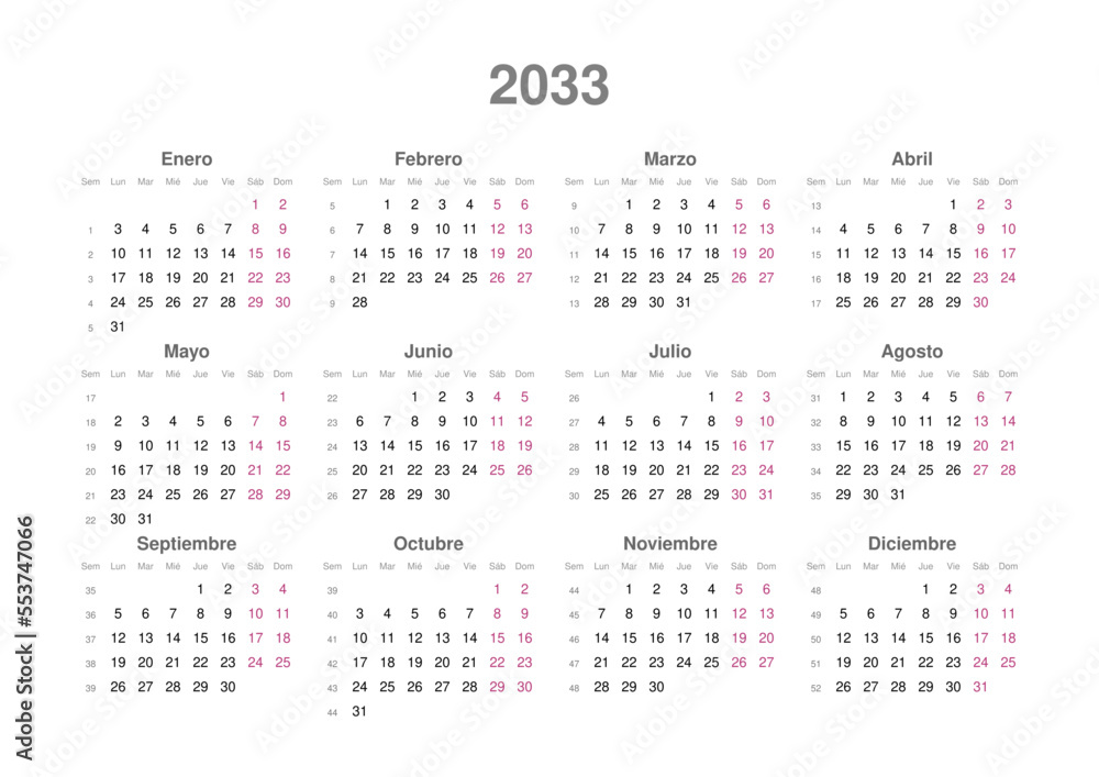 Kalender 2033, spanisch, Querformat