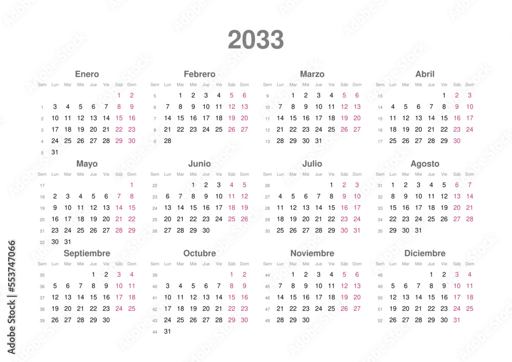 Kalender 2033, spanisch, Querformat Kalender 2033, spanisch, Querformat