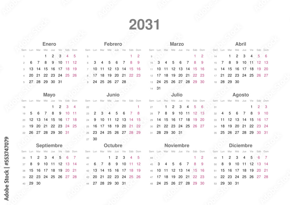 Kalender 2031, spanisch, Querformat Kalender 2031, spanisch, Querformat