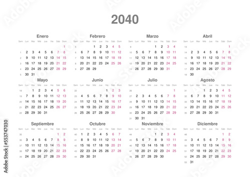 Kalender 2040, spanisch, Querformat