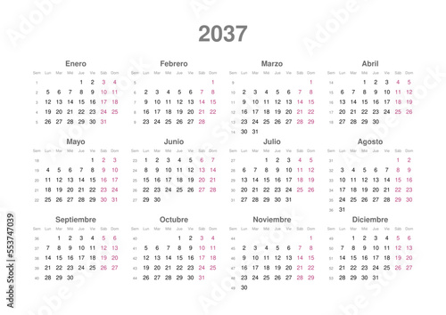 Kalender 2037, spanisch, Querformat