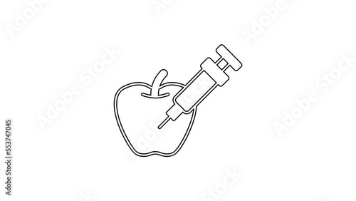 Black line Genetically modified apple icon isolated on white background. GMO fruit. Syringe being injected to apple. 4K Video motion graphic animation