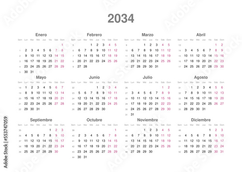 Kalender 2034, spanisch, Querformat