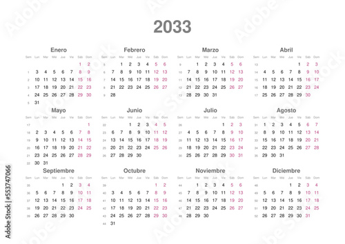 Kalender 2033, spanisch, Querformat