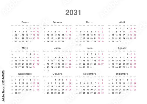 Kalender 2031, spanisch, Querformat