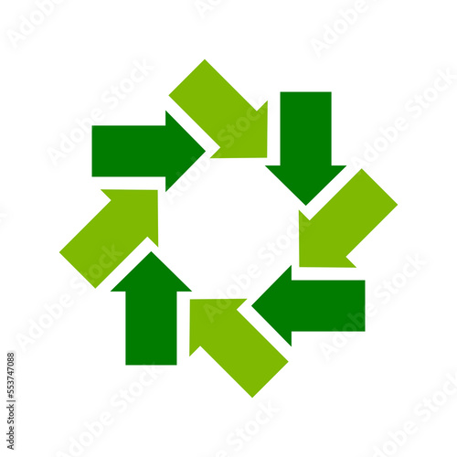 Green arrows in a circle. Recycle, upcycle, downcycle concept. Reduce, reuse, recycle idea. Environmental friendly practices. Conscious consumerism. Natural cycle. Vector illustration, flat, clip art.