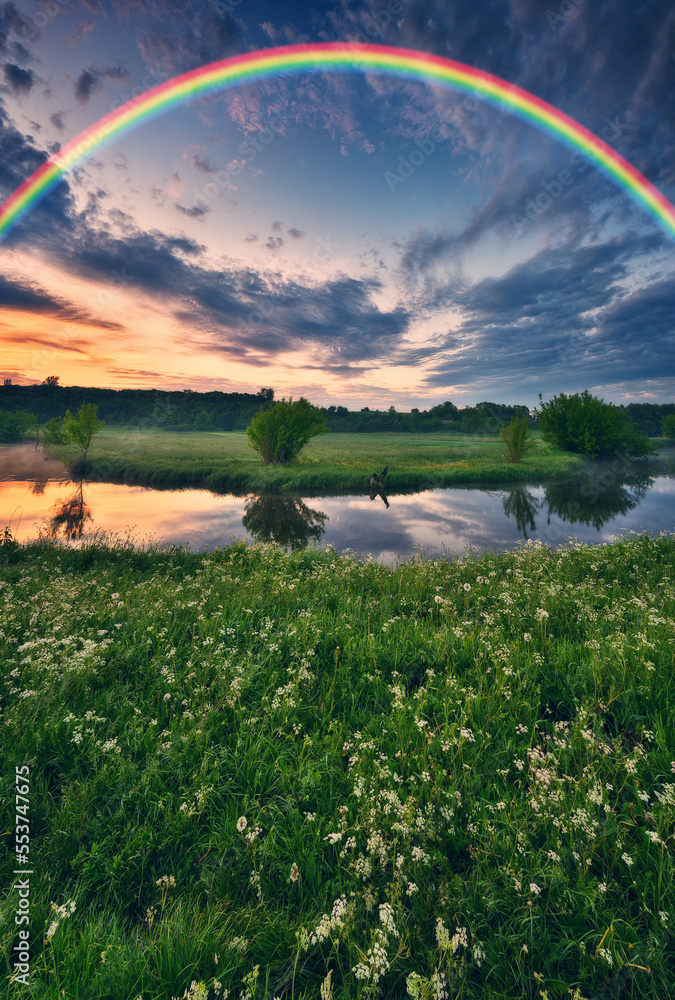 Landscape with a Rainbow on the River in Spring. colorful morning. nature of Ukraine Landscape with a Rainbow on the River in Spring. colorful morning. nature of Ukraine