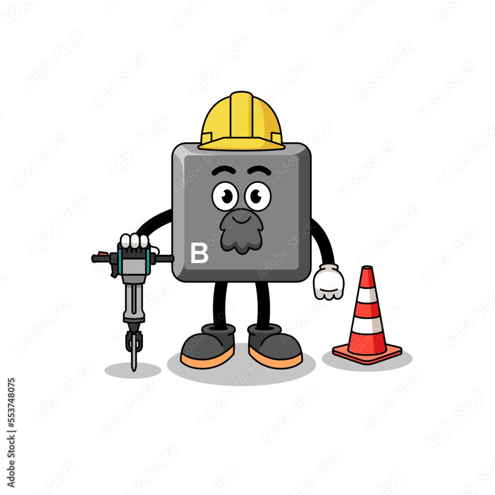 Character cartoon of keyboard B key working on road construction Character cartoon of keyboard B key working on road construction