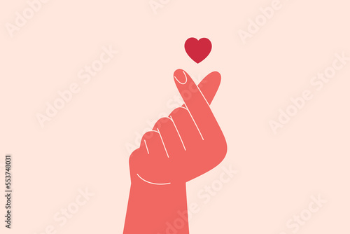 Finger mini heart symbol. Left Human Hand with index finger and thumb crossed. Korean Gesture of love and respect. Vector illustration