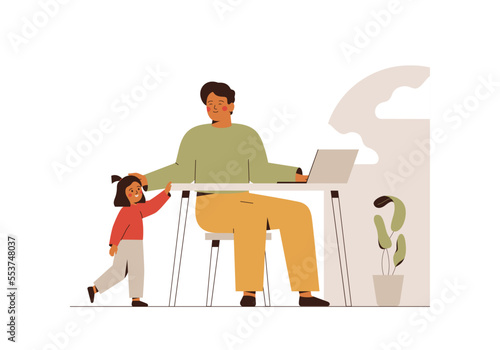 Man works from home and cares about his daughter. Small girl and her father spend time together at workplace. fatherhood and career concept. Vector illustration