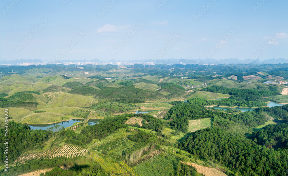 Aerial view over the rural landscape in guangxi China