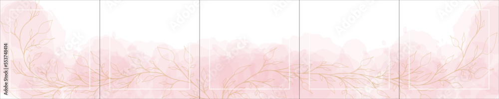 Set of elegant luxury pink watercolor background for Instagram, Social Media Post, Banner, Microblog, Carousel Template. Watercolor splash and golden flowers. 5 square sections 1:1. Vector, eps10.