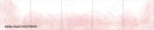 Set of elegant luxury pink watercolor background for Instagram, Social Media Post, Banner, Microblog, Carousel Template. Watercolor splash and golden flowers. 5 square sections 1:1. Vector, eps10.