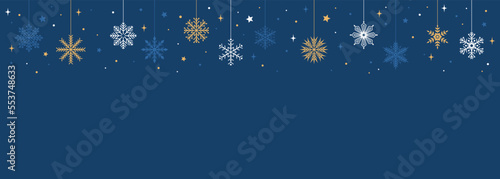 Christmas frame with gold, white and blue snowflakes on a blue background with copy space. Vector illustration