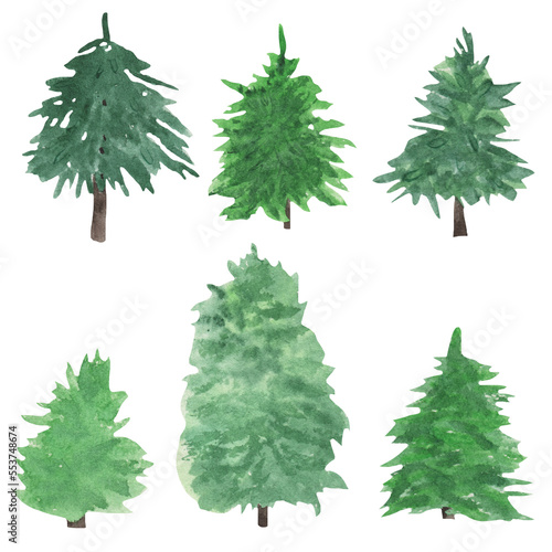 Watercolor drawing fir trees silhouettes isolated at white background  natural elements  hand drawn illustration