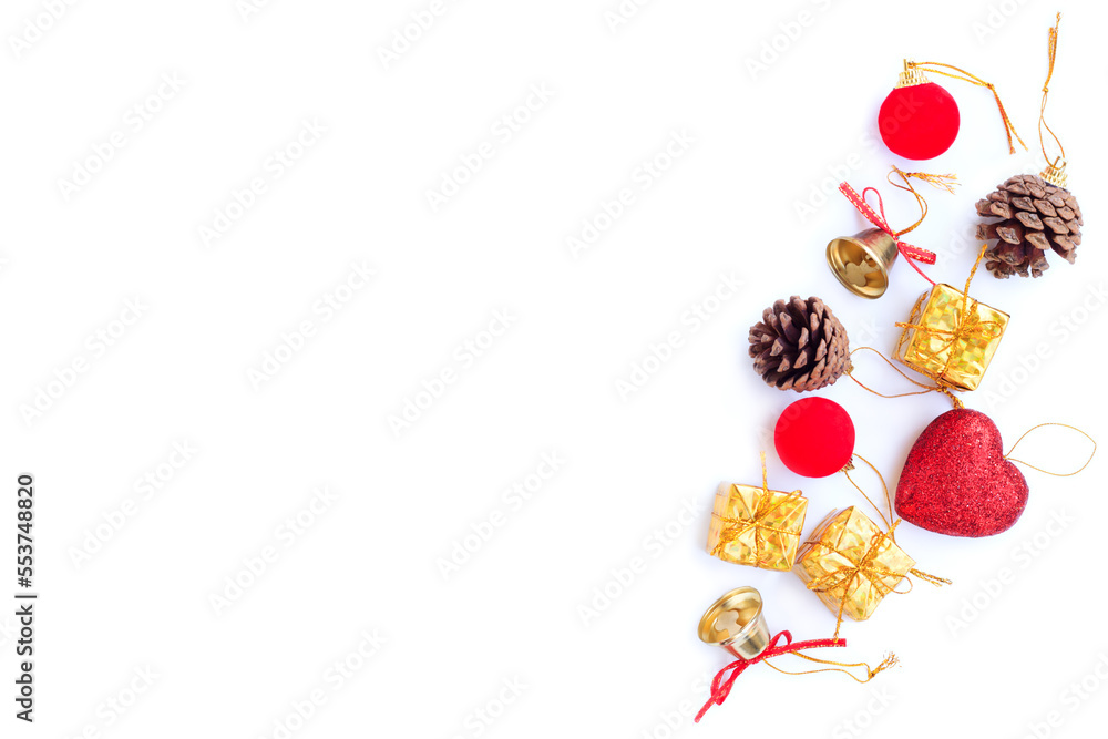 Christmas and New year decorations, Gift box, Pine cones, Red glitter heart, Golden bell and Red decoration christmas ball on white background