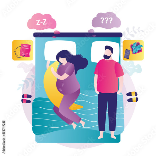 Love couple rests in bed. Cute pregnant woman sleeps with large and long pillow. Comfortable sleeping position during pregnancy, relaxation during sleep. Top view. Family relax at night.