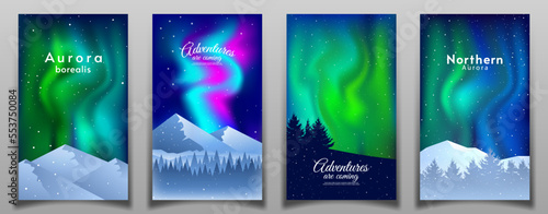 Aurora landscape. Vector illustration. Set of landscapes. Abstract gradient landscape. Flat cartoon concept. Covers, posters, brochures, design. 