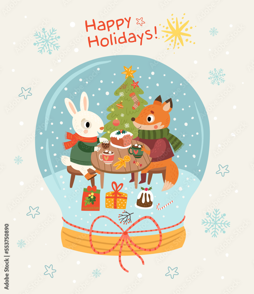 Fototapeta premium Christmas card. Fox and snowman. A toy. Snowball.