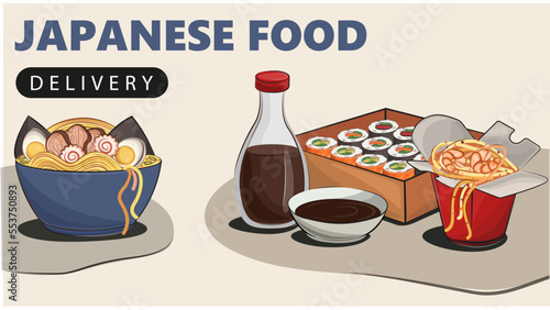 Asian food, Japanese food. for delivery sites, sushi rolls onigiri soy sauce, ramen, wok, noodles