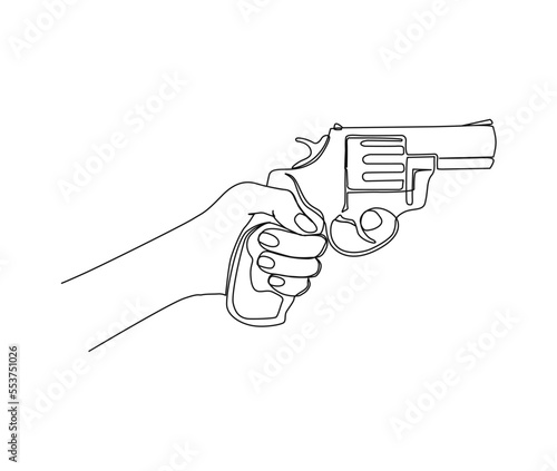 Continuous one line drawing of hand holding Gun. Hand Gun single line art vector design. Military concept.