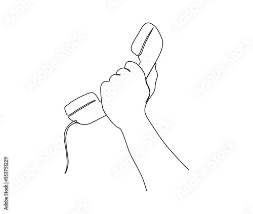 Continuous one line drawing of hand holding Telephone. Vintage Telephone single line art vector design. Communication concept.