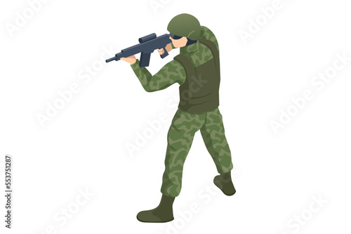 Isometric Special Forces Soldier Police, Swat Team Member. Army Soldier in Protective Combat Uniform holding Special Operations Forces Combat Assault Rifle. Army, military, people