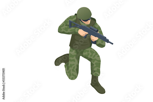 Isometric Special Forces Soldier Police, Swat Team Member. Army Soldier in Protective Combat Uniform holding Special Operations Forces Combat Assault Rifle. Army, military, people