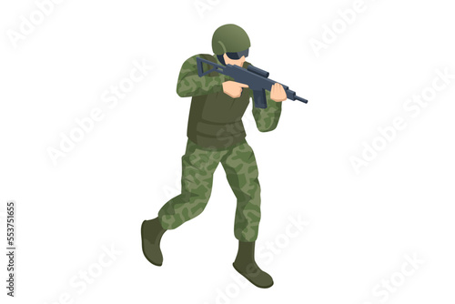 Isometric Special Forces Soldier Police, Swat Team Member. Army Soldier in Protective Combat Uniform holding Special Operations Forces Combat Assault Rifle. Army, military, people