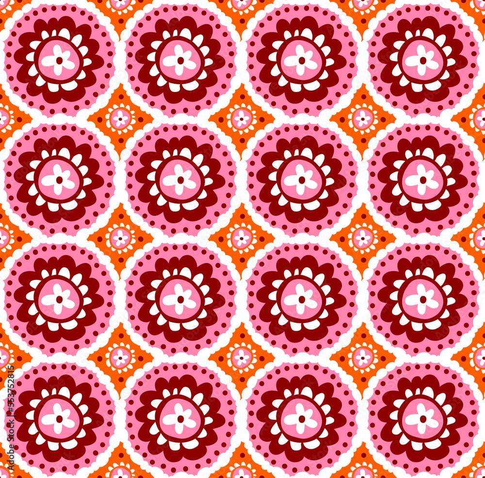 Abstract Hand Drawing Ethnic Traditional Bohemian Tile Flowers Circles Seamless Vector Pattern Isolated Background