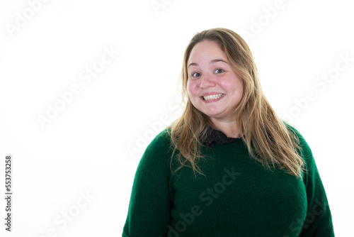 plus size positive smiling woman with big breasts face girl happy on white background in green sweater