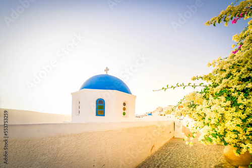 traditional greek village Oia of Santorini, with blue dome and flowers against sea and caldera, Greece, toned