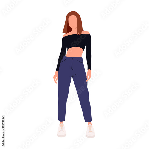 Yound sexy lady in crop top and mom jeans isolated on the white background. Beautiful slim woman posing. Vector illustration