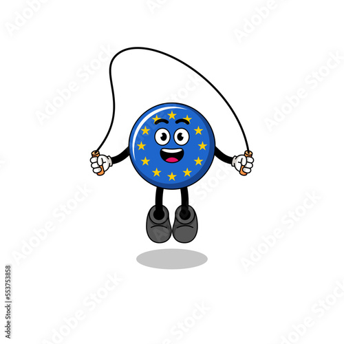 europe flag mascot cartoon is playing skipping rope