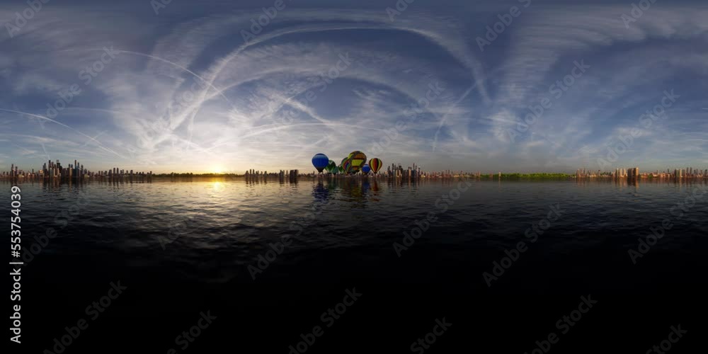A 360VR experience of moving over the ocean waves at speed and under multiple hot air balloons as they fly overhead with the sun setting over the city skyline. A 360VR experience of moving over the ocean waves at speed and under multiple hot air balloons as they fly overhead with the sun setting over the city skyline.
