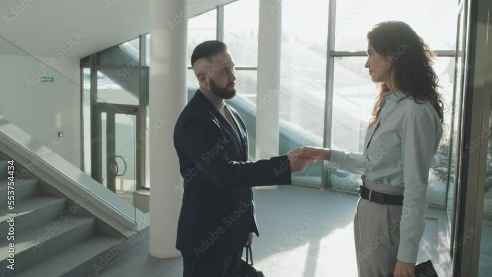 Two business colleagues shaking hands while standing in office hall, they greeting each other before meeting Two business colleagues shaking hands while standing in office hall, they greeting each other before meeting