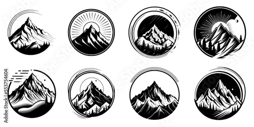 Black Mountain Circle Retro Vector Set For Logo Stamp