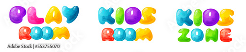 Kids zone vector cartoon banner. Colorful letters for children's playroom decoration. Sign for children's game room. Kids zone and party room game education fun area design. Vector illustration.